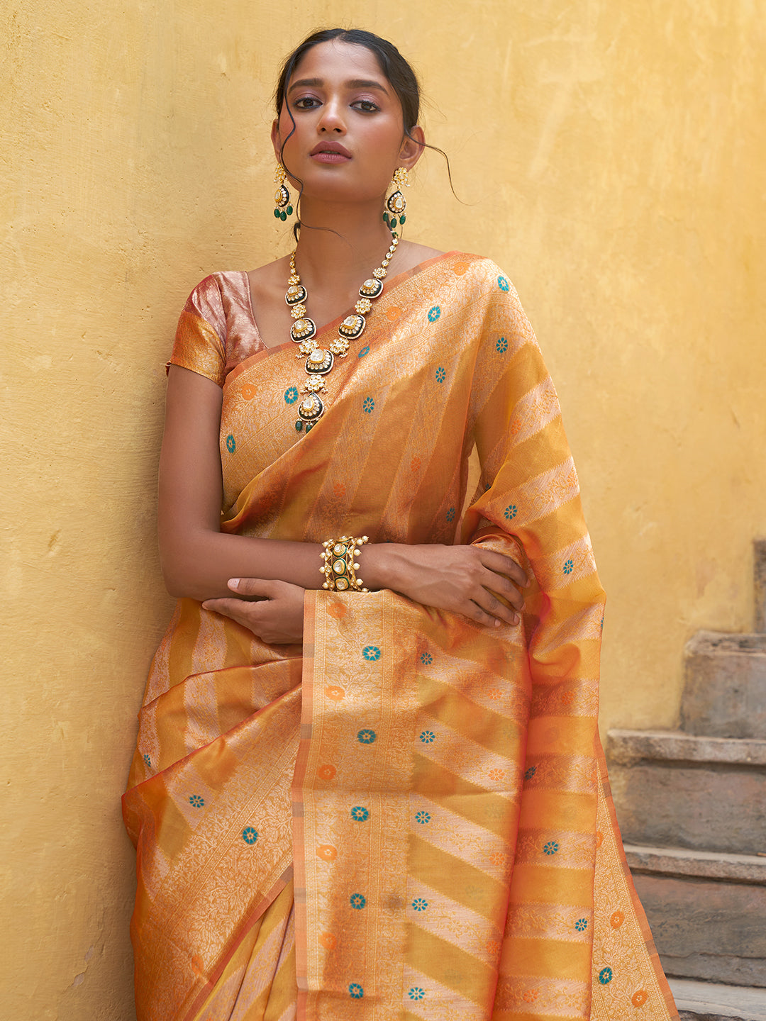 Janasya Yellow Organza Woven Leheriya Kanjeevaram Saree