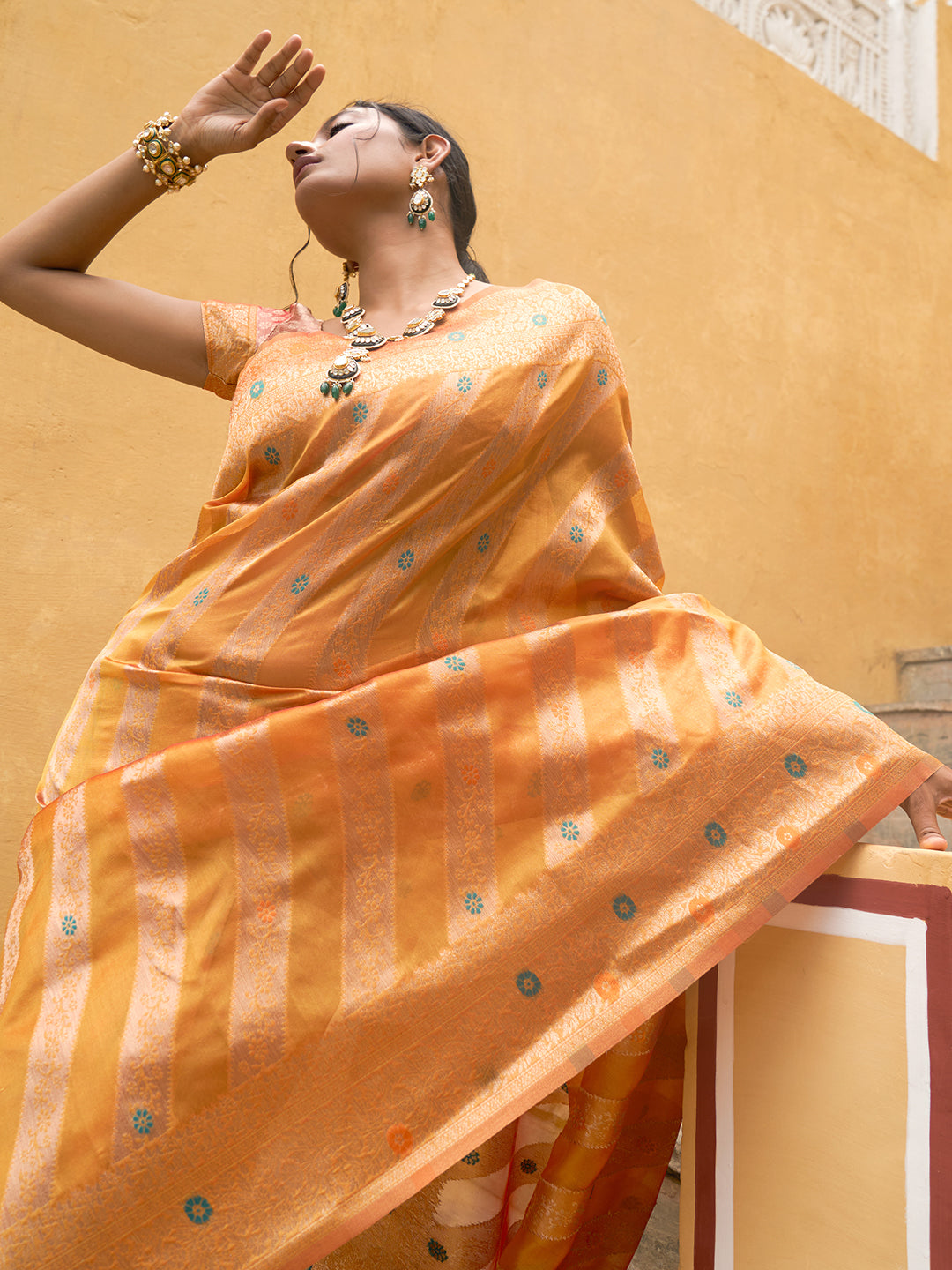 Janasya Yellow Organza Woven Leheriya Kanjeevaram Saree