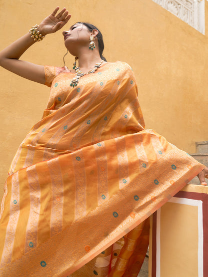 Janasya Yellow Organza Woven Leheriya Kanjeevaram Saree