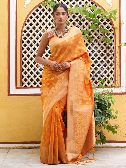 Janasya Yellow Organza Woven Dual Tone Ethnic Motif Design Kanjeevaram Saree