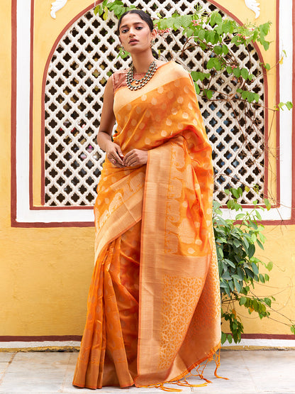 Janasya Yellow Organza Woven Dual Tone Ethnic Motif Design Kanjeevaram Saree
