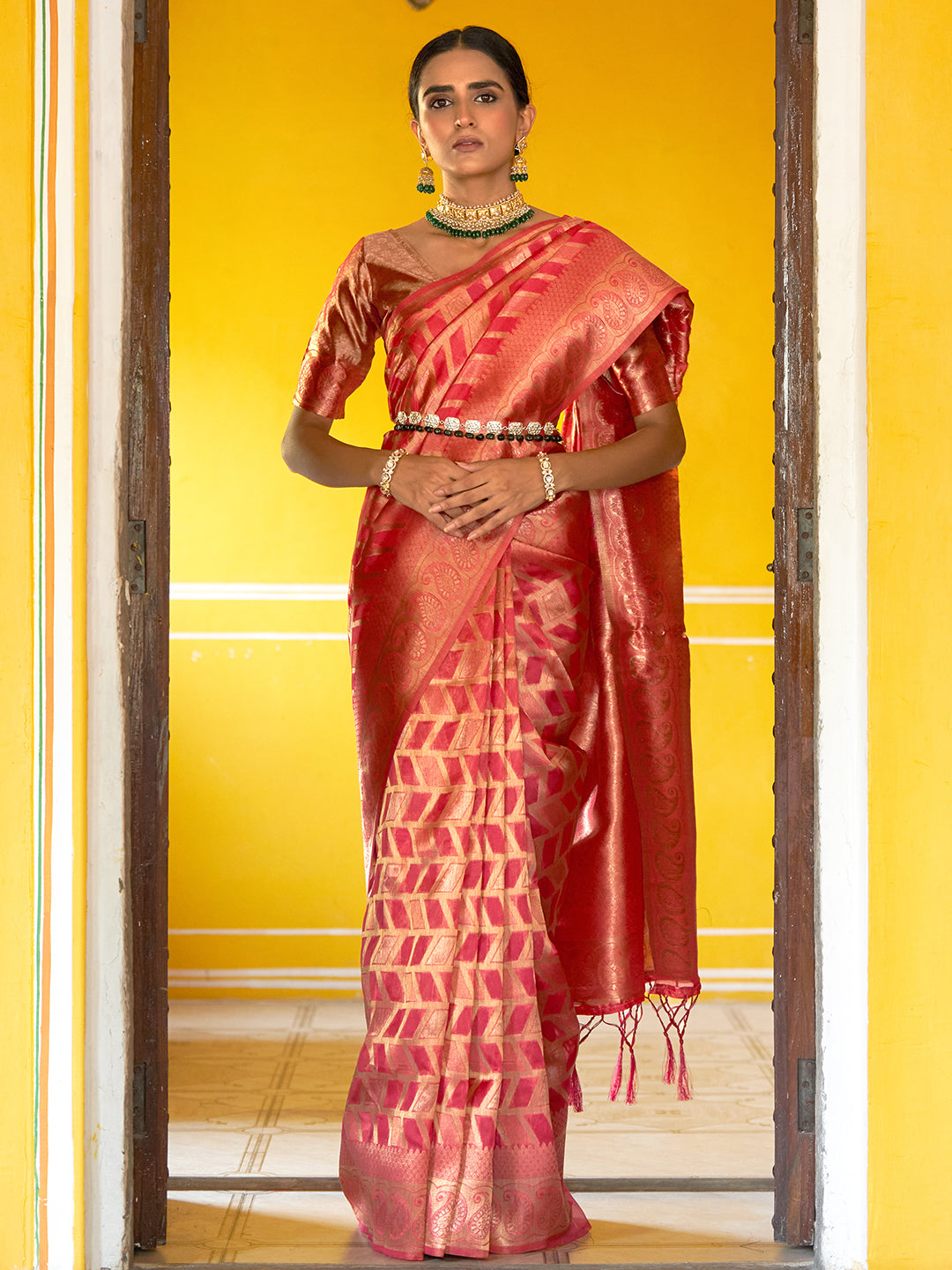Janasya Pink Organza Woven Geometric Design Kanjeevaram Saree