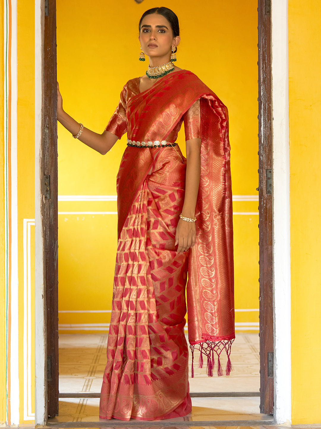 Janasya Pink Organza Woven Geometric Design Kanjeevaram Saree