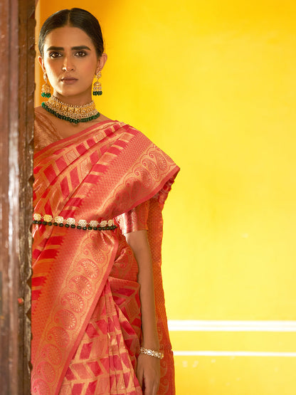 Janasya Pink Organza Woven Geometric Design Kanjeevaram Saree