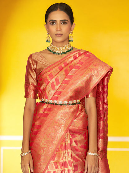 Janasya Pink Organza Woven Geometric Design Kanjeevaram Saree