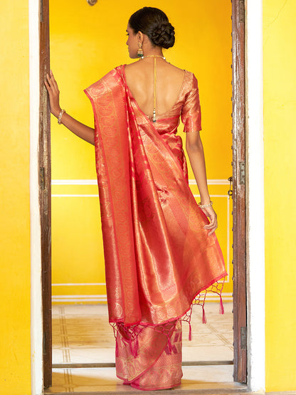 Janasya Pink Organza Woven Geometric Design Kanjeevaram Saree