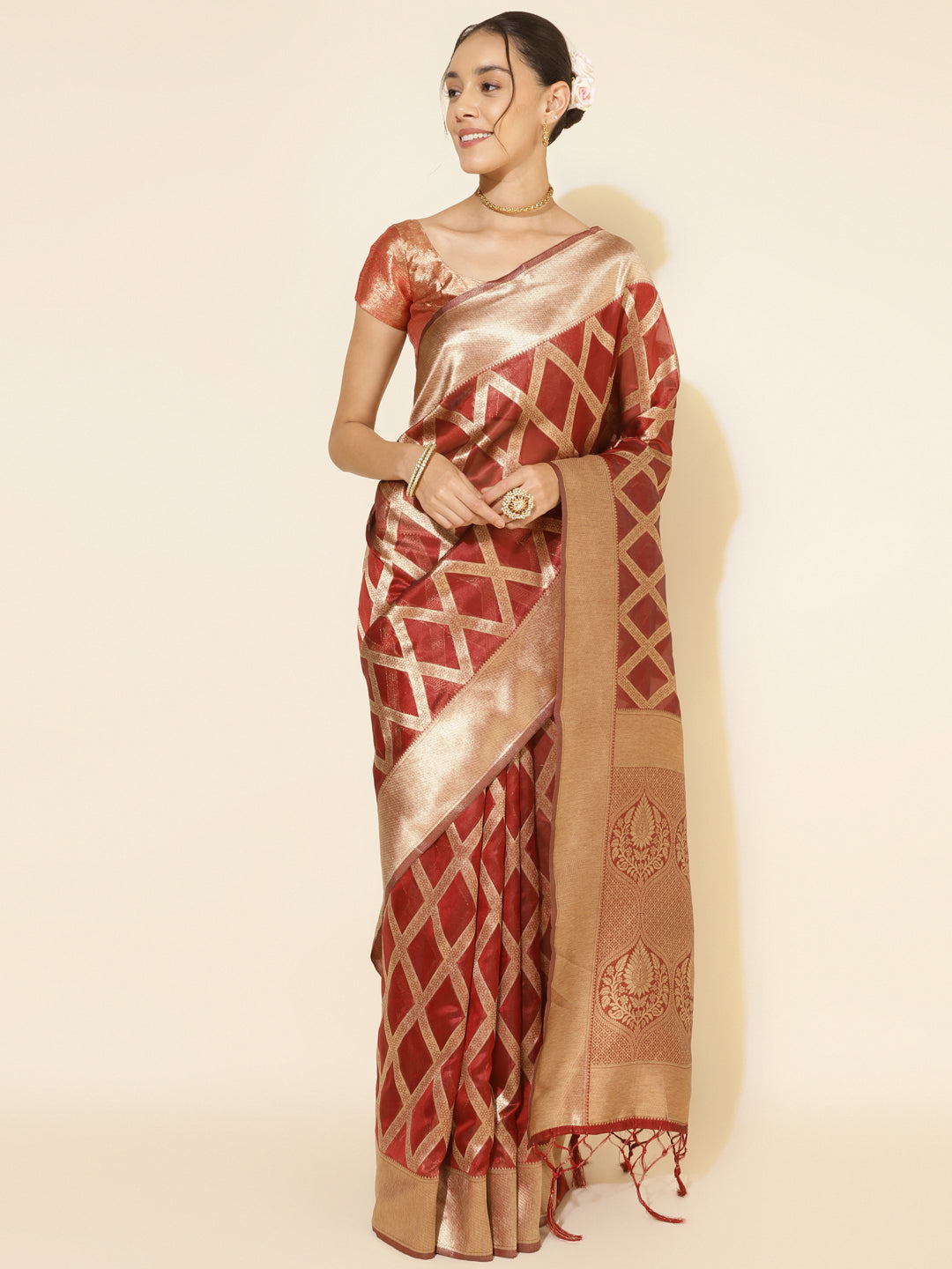Janasya Maroon Organza Floral Saree