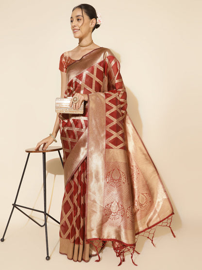 Janasya Maroon Organza Floral Saree