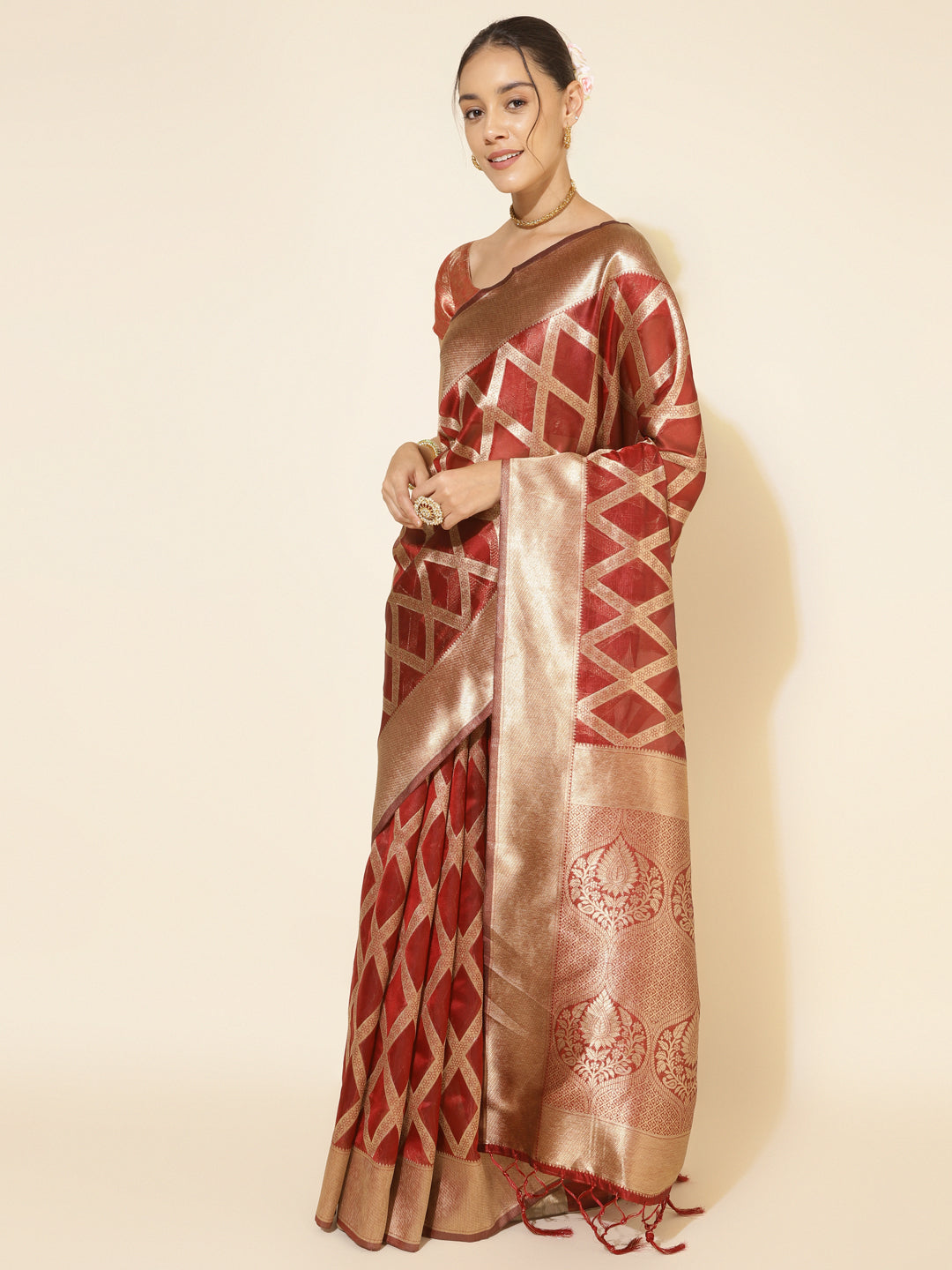 Janasya Maroon Organza Floral Saree