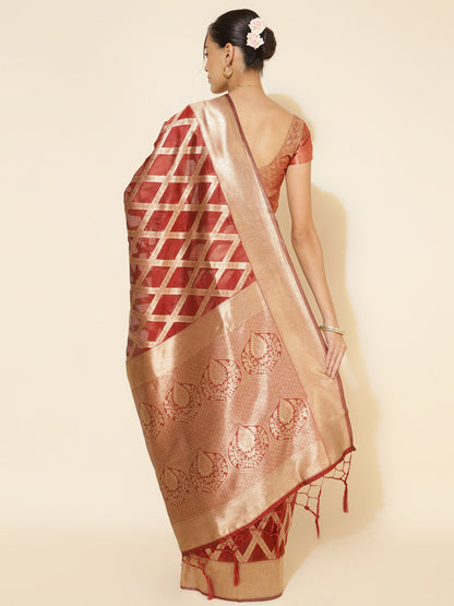 Janasya Maroon Organza Floral Saree