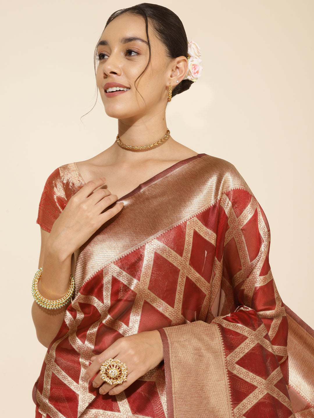 Janasya Maroon Organza Floral Saree