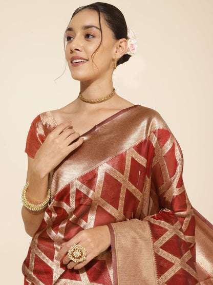 Janasya Maroon Organza Floral Saree