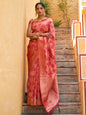 Janasya Pink Organza Woven Ethnic Motifs Kanjeevaram Saree