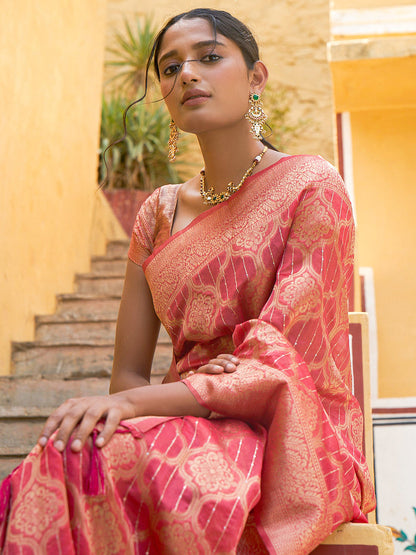 Janasya Pink Organza Woven Ethnic Motifs Kanjeevaram Saree