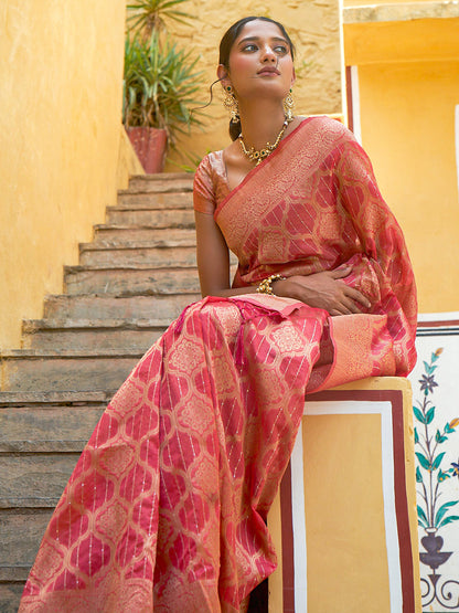 Janasya Pink Organza Woven Ethnic Motifs Kanjeevaram Saree