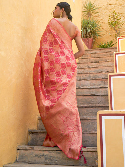 Janasya Pink Organza Woven Ethnic Motifs Kanjeevaram Saree