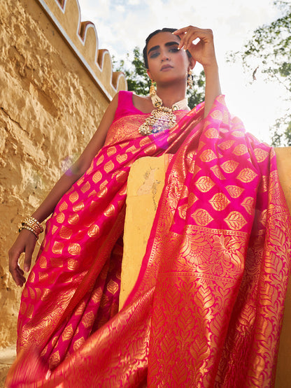 Janasya Rani Pink Banarasi Silk Ethnic Motifs Woven Design Saree
