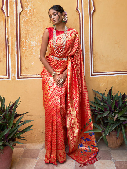 Janasya Red Paithani Silk Woven Ethnic Motifs Paithani Silk Saree