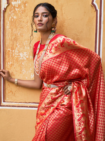 Janasya Red Paithani Silk Woven Ethnic Motifs Paithani Silk Saree