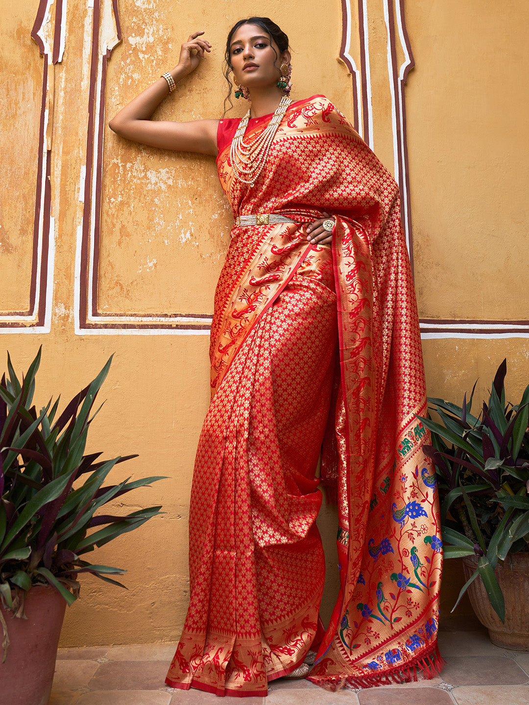 Janasya Red Paithani Silk Woven Ethnic Motifs Paithani Silk Saree