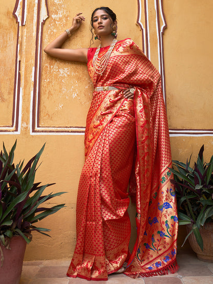 Janasya Red Paithani Silk Woven Ethnic Motifs Paithani Silk Saree