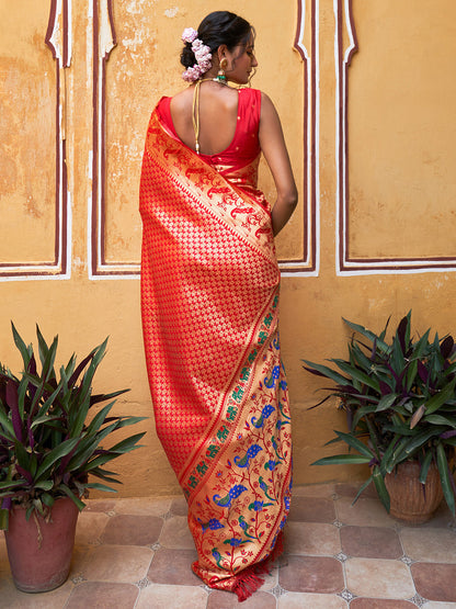 Janasya Red Paithani Silk Woven Ethnic Motifs Paithani Silk Saree