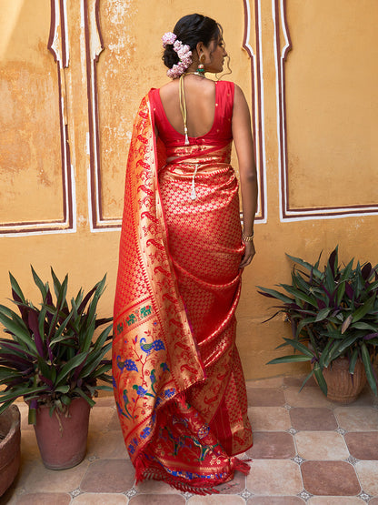 Janasya Red Paithani Silk Woven Ethnic Motifs Paithani Silk Saree