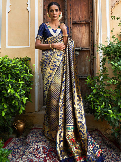 Janasya Navy Blue Paithani Silk Woven Ethnic Motifs Paithani Silk Saree