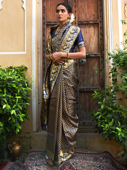 Janasya Navy Blue Paithani Silk Woven Ethnic Motifs Paithani Silk Saree