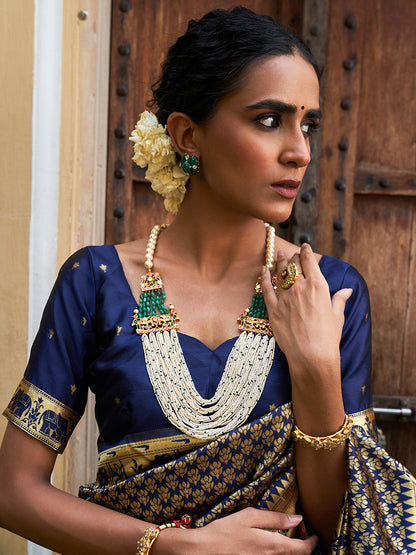 Janasya Navy Blue Paithani Silk Woven Ethnic Motifs Paithani Silk Saree