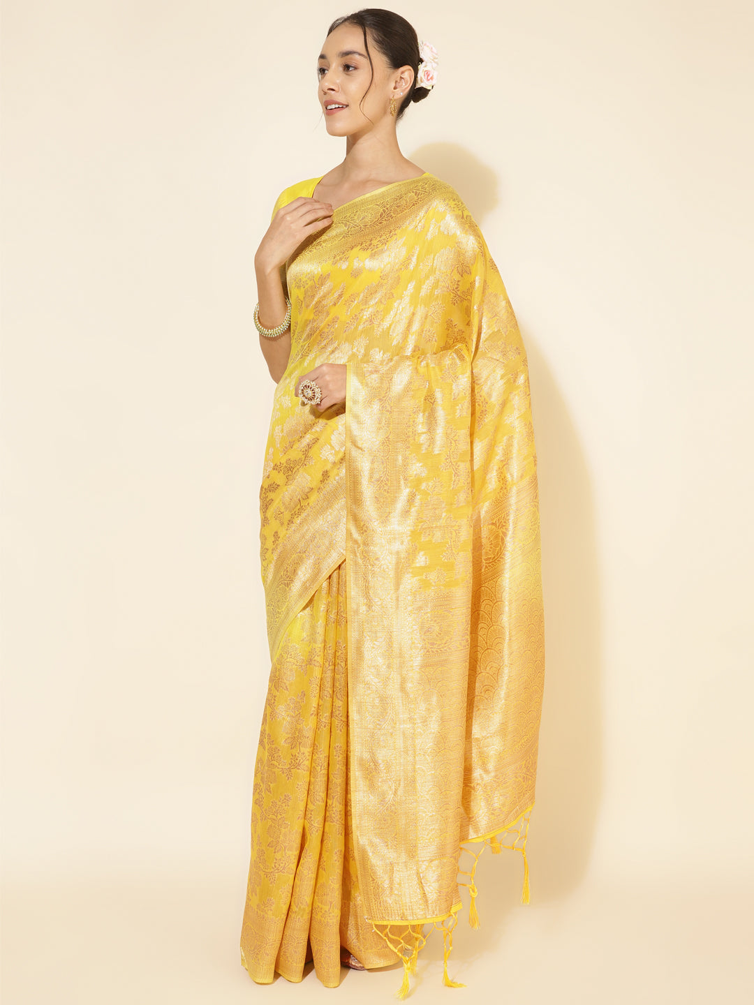 Janasya Yellow Chanderi Silk Floral Woven Design Saree