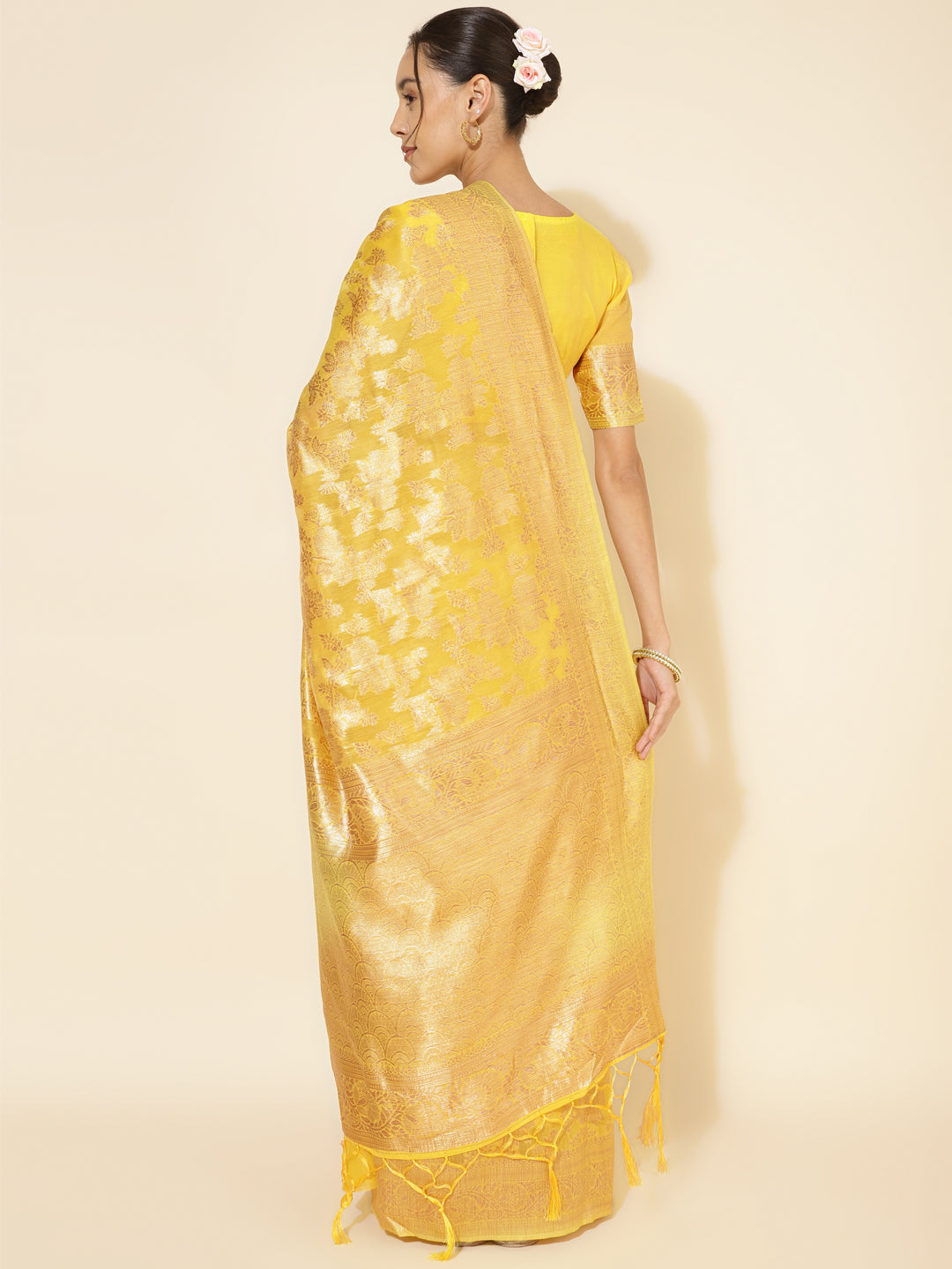 Janasya Yellow Chanderi Silk Floral Woven Design Saree