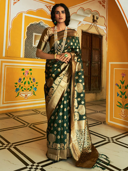 Janasya Dark Green Organza Woven Ethnic Motifs Kanjeevaram Saree