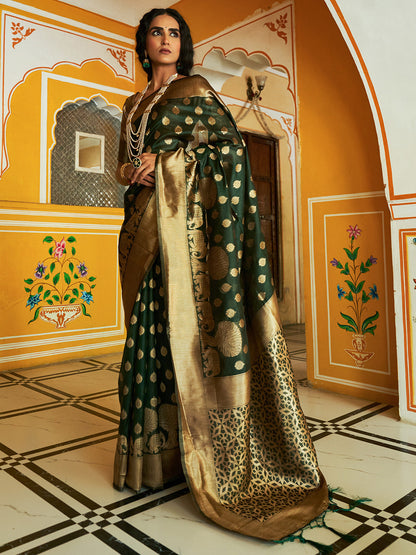 Janasya Dark Green Organza Woven Ethnic Motifs Kanjeevaram Saree