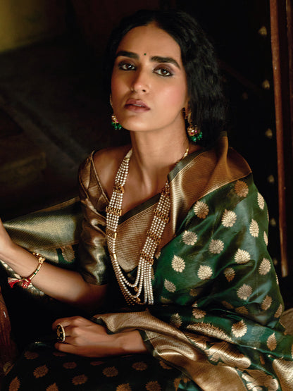 Janasya Dark Green Organza Woven Ethnic Motifs Kanjeevaram Saree