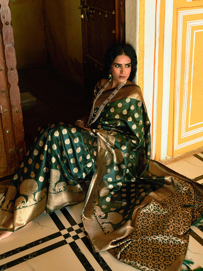 Janasya Dark Green Organza Woven Ethnic Motifs Kanjeevaram Saree