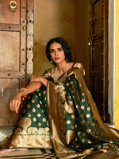 Janasya Dark Green Organza Woven Ethnic Motifs Kanjeevaram Saree