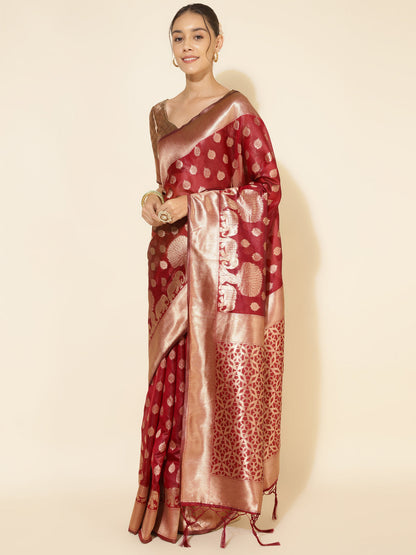 Janasya Maroon Organza Woven Ethnic Motifs Kanjeevaram Saree