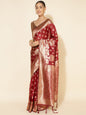 Janasya Maroon Organza Woven Ethnic Motifs Kanjeevaram Saree