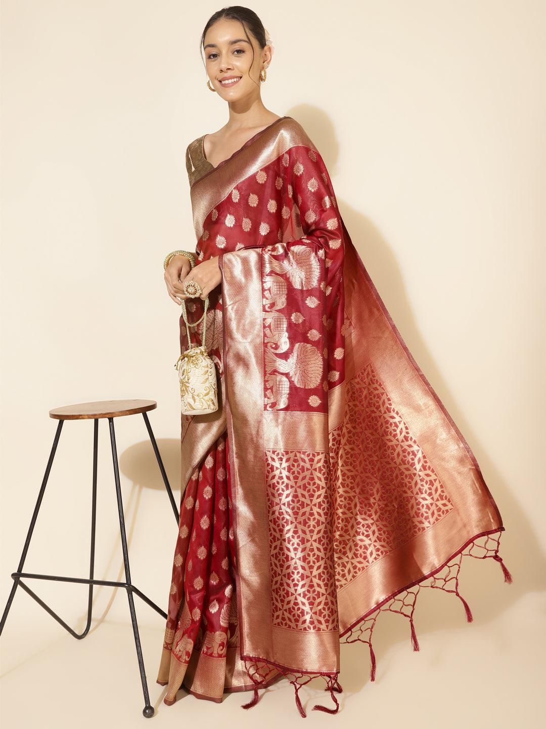 Janasya Maroon Organza Woven Ethnic Motifs Kanjeevaram Saree