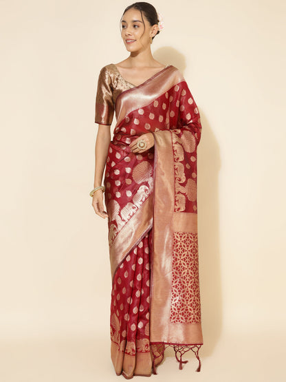 Janasya Maroon Organza Woven Ethnic Motifs Kanjeevaram Saree