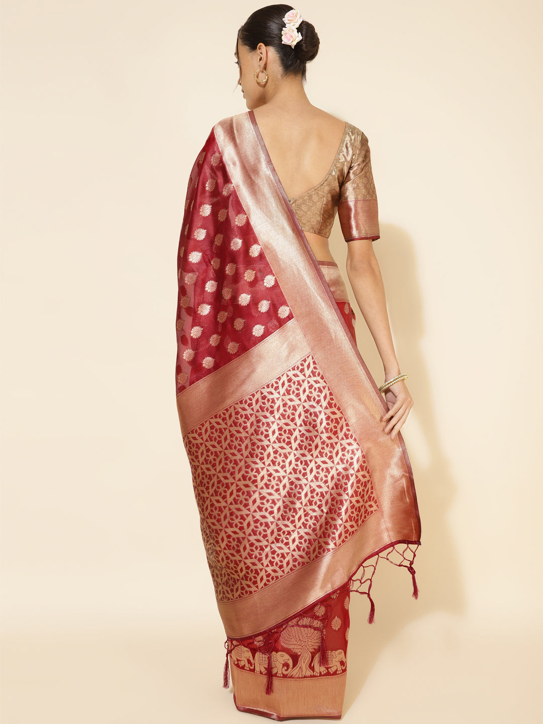 Janasya Maroon Organza Woven Ethnic Motifs Kanjeevaram Saree