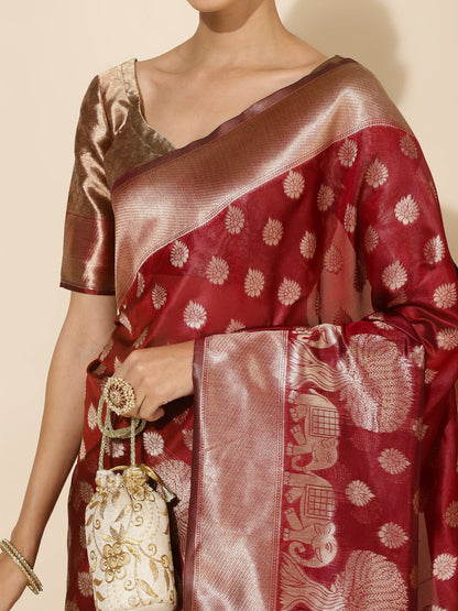 Janasya Maroon Organza Woven Ethnic Motifs Kanjeevaram Saree