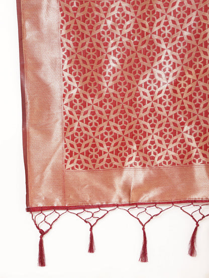 Janasya Maroon Organza Woven Ethnic Motifs Kanjeevaram Saree