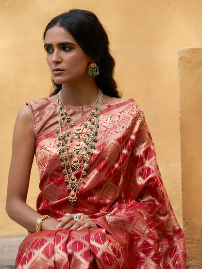 Janasya Red Organza Woven Ethnic Motifs Kanjeevaram Saree