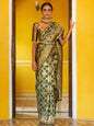 Janasya Dark Green Organza Woven Ethnic Motifs Kanjeevaram Saree