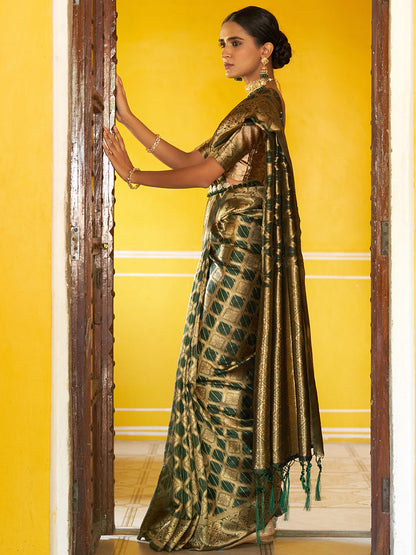 Janasya Dark Green Organza Woven Ethnic Motifs Kanjeevaram Saree