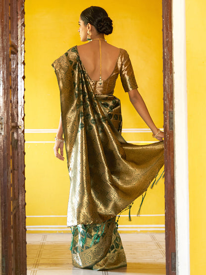 Janasya Dark Green Organza Woven Ethnic Motifs Kanjeevaram Saree