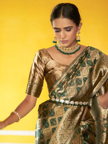 Janasya Dark Green Organza Woven Ethnic Motifs Kanjeevaram Saree