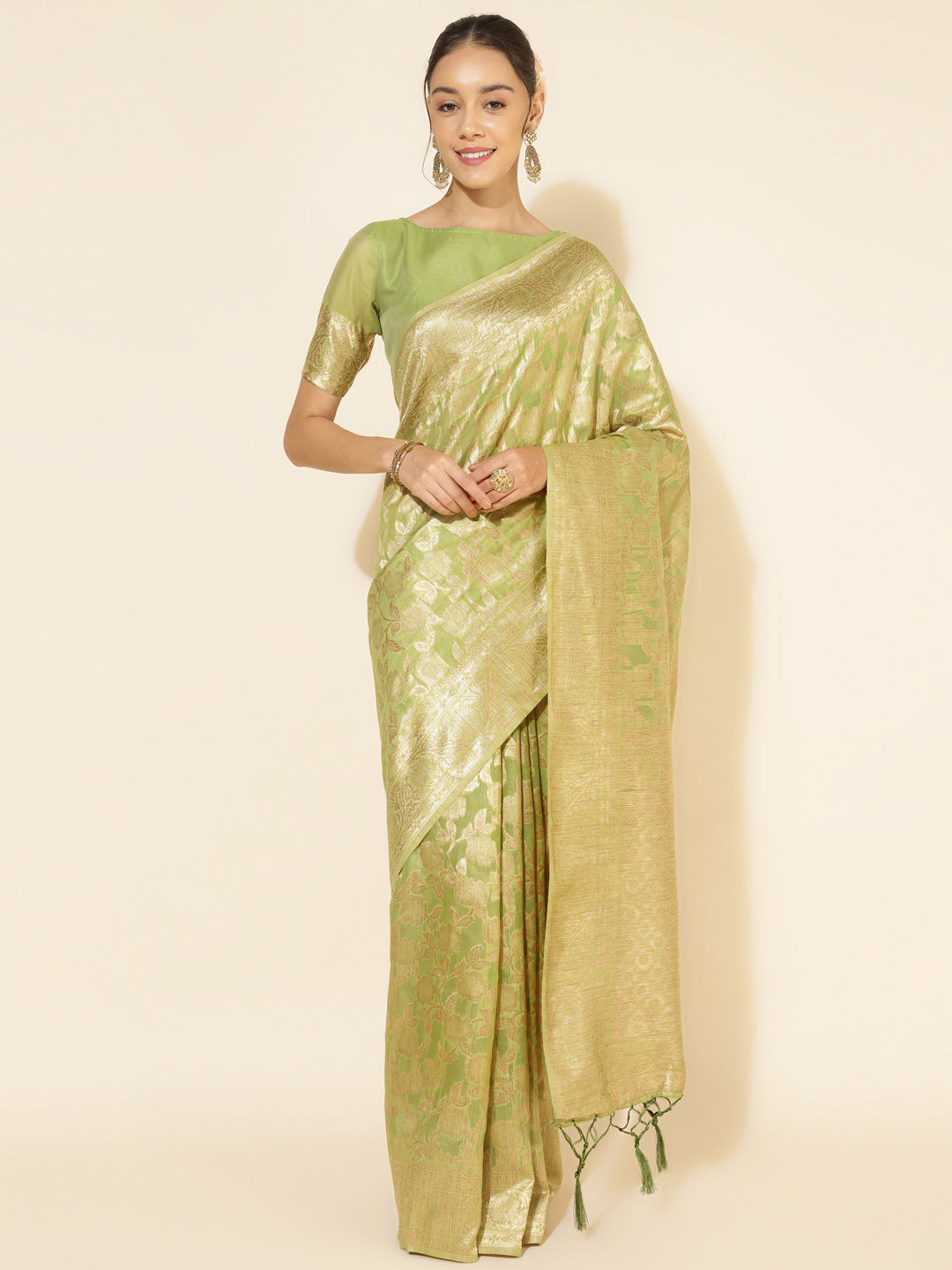 Janasya Light Green Chanderi Silk Floral Woven Design Saree